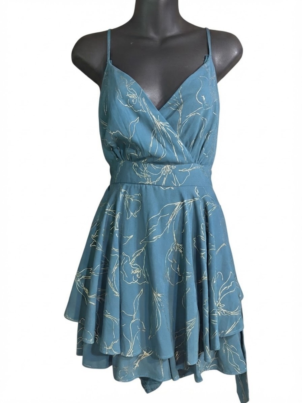 Allison & Kelly sleeveless wrap romper mini dress in a dusty teal hue